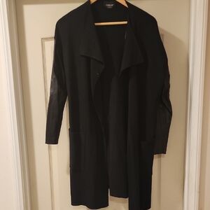 ZARA Black Long Open-Front Trench Coat with Faux-Leather Sleeves